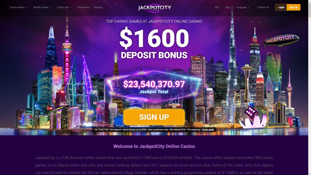Jackpot City Casino homepage with welcome bonus offer