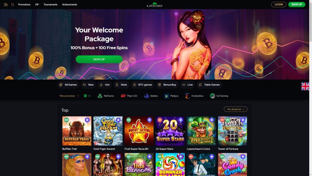 katsubet casino homepage with welcome bonus package