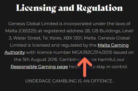 image showing license information on a casino site