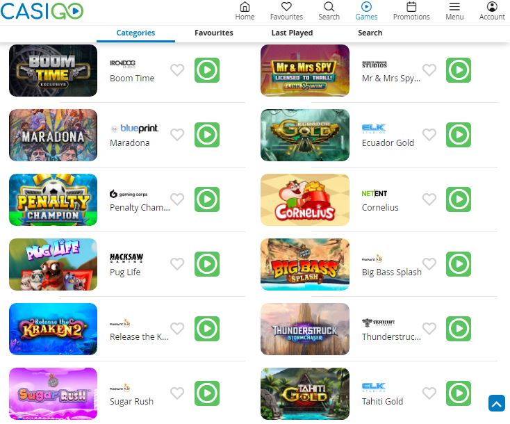 Casigo Casino popular games
