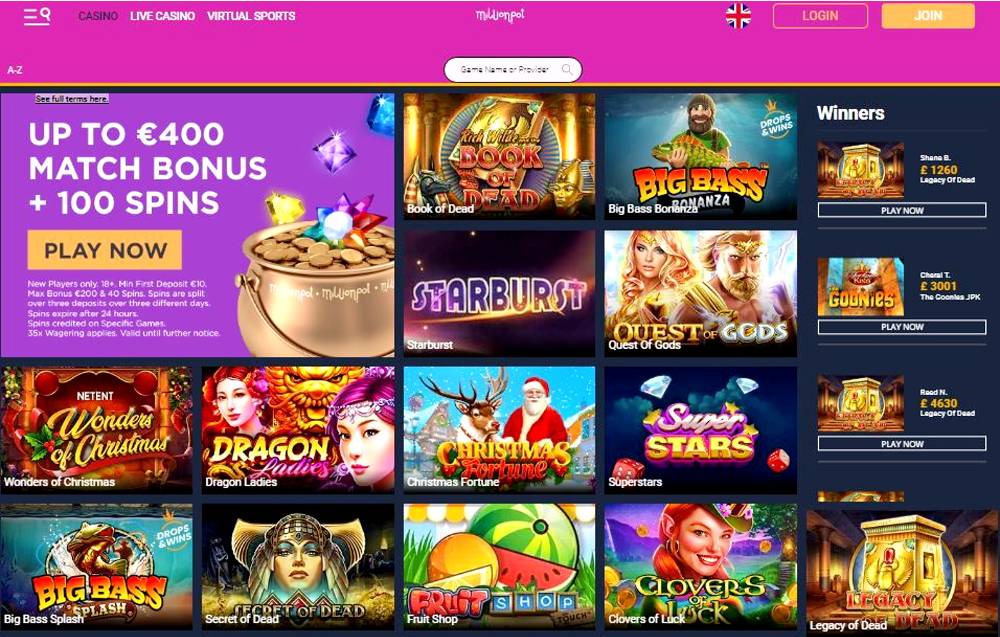 Millionpot Casino Welcome Bonus and game selection