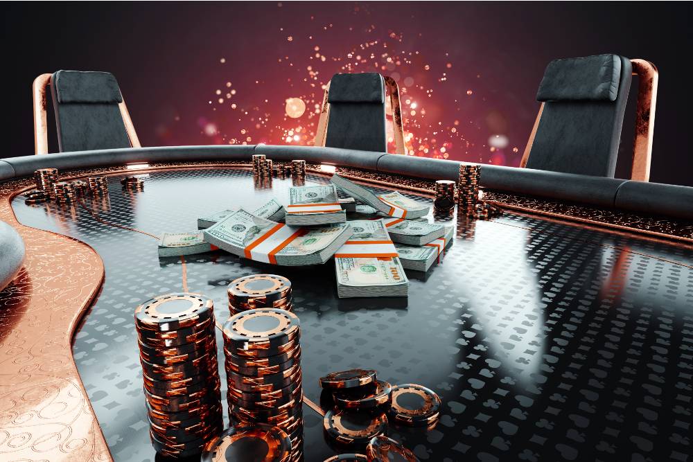 banknotes us dollars and casino chips on poker table