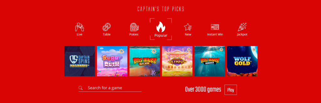 captain spins casino popular games