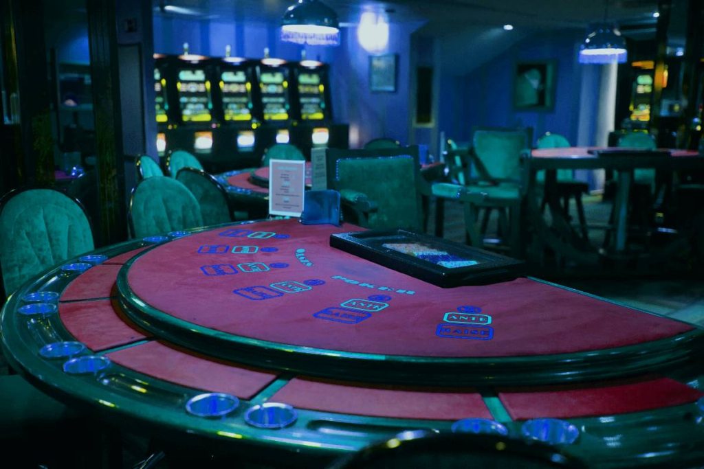 A close up empty blackjack table casino