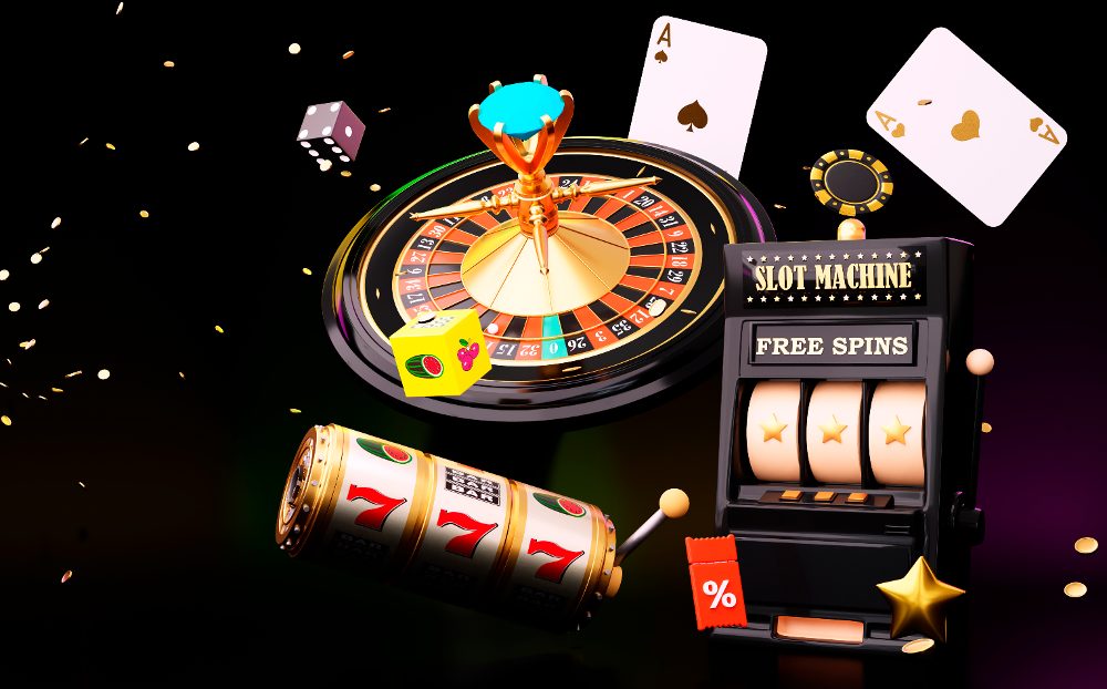 Online casino 3d realistic roulette wheel and slot machine on black background 