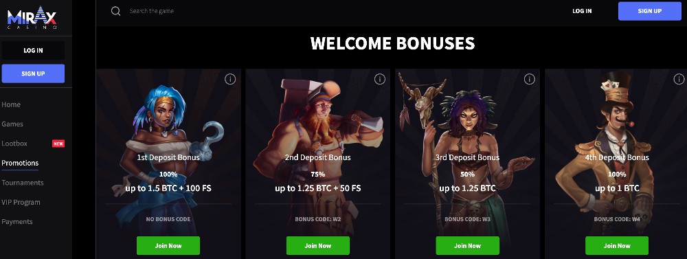 Mirax Casino Welcome bonus package